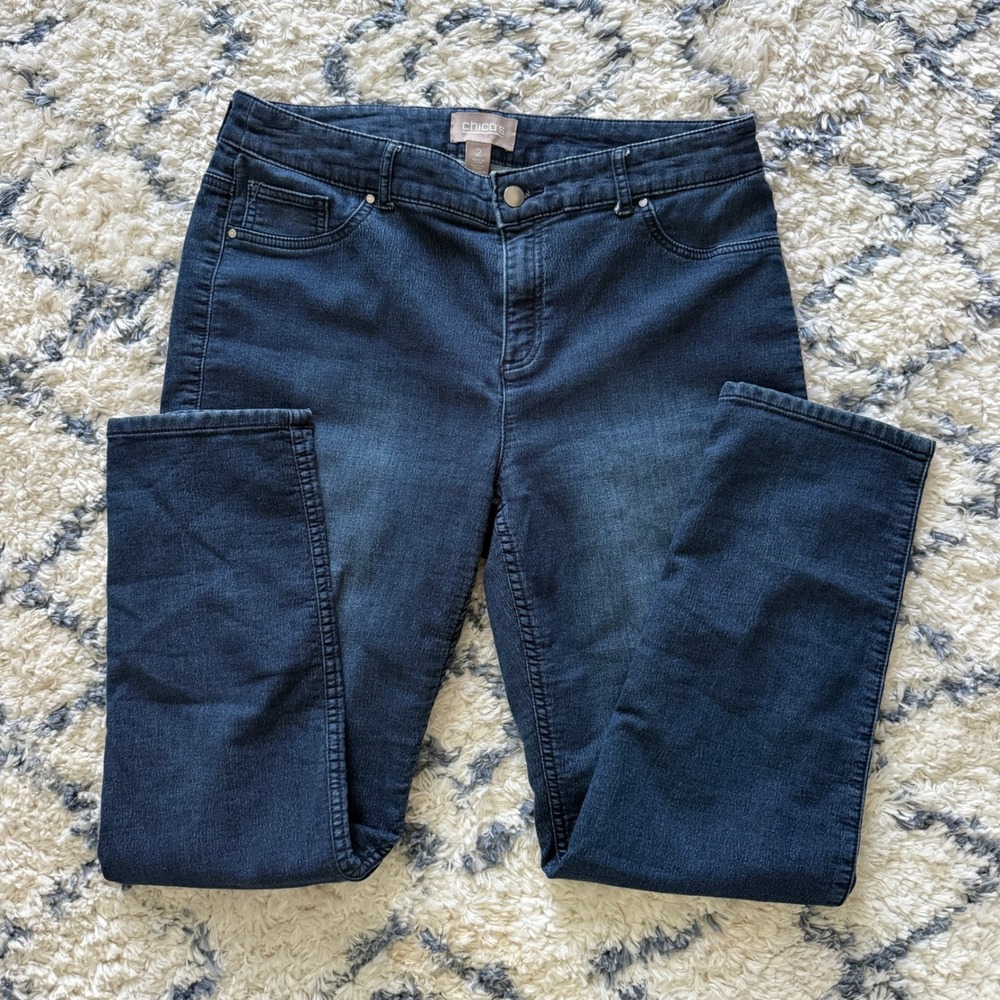 Chico's Straight Leg Jeans Women Size 2 12/14 Dark Wash Blue Denim Faded Stretch